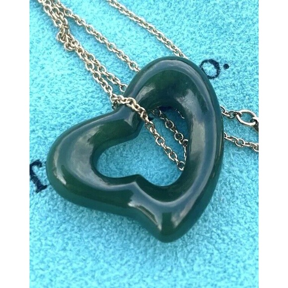 Tiffany & Co. 18k Gold LARGE Elsa Peretti Green Jade Open Heart Pendant Necklace - Picture 1 of 16